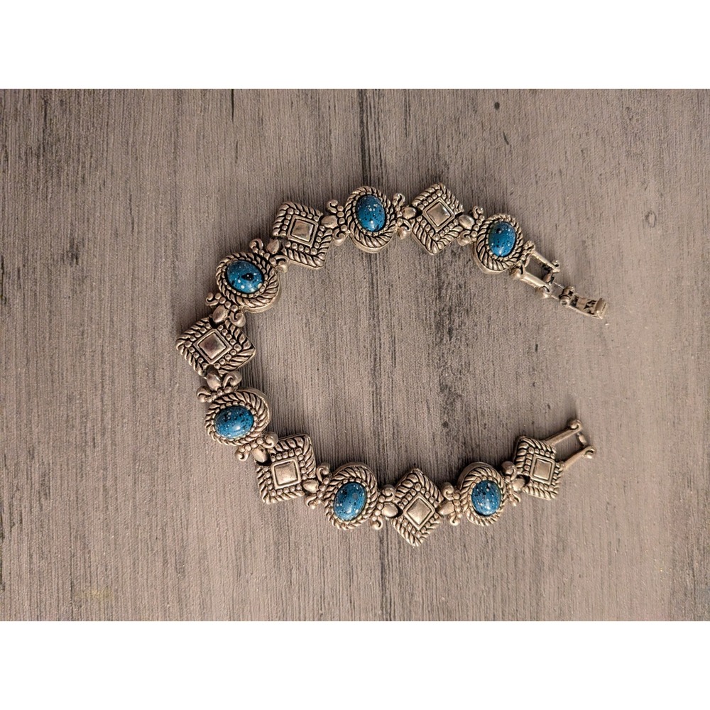 Vintage‎ Southwestern Silver Tone Blue Faux Turquoise Link Bracelet Boho Western